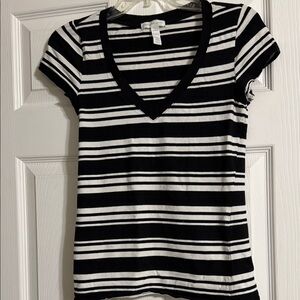 Black and White Striped V-Neck Women's Top